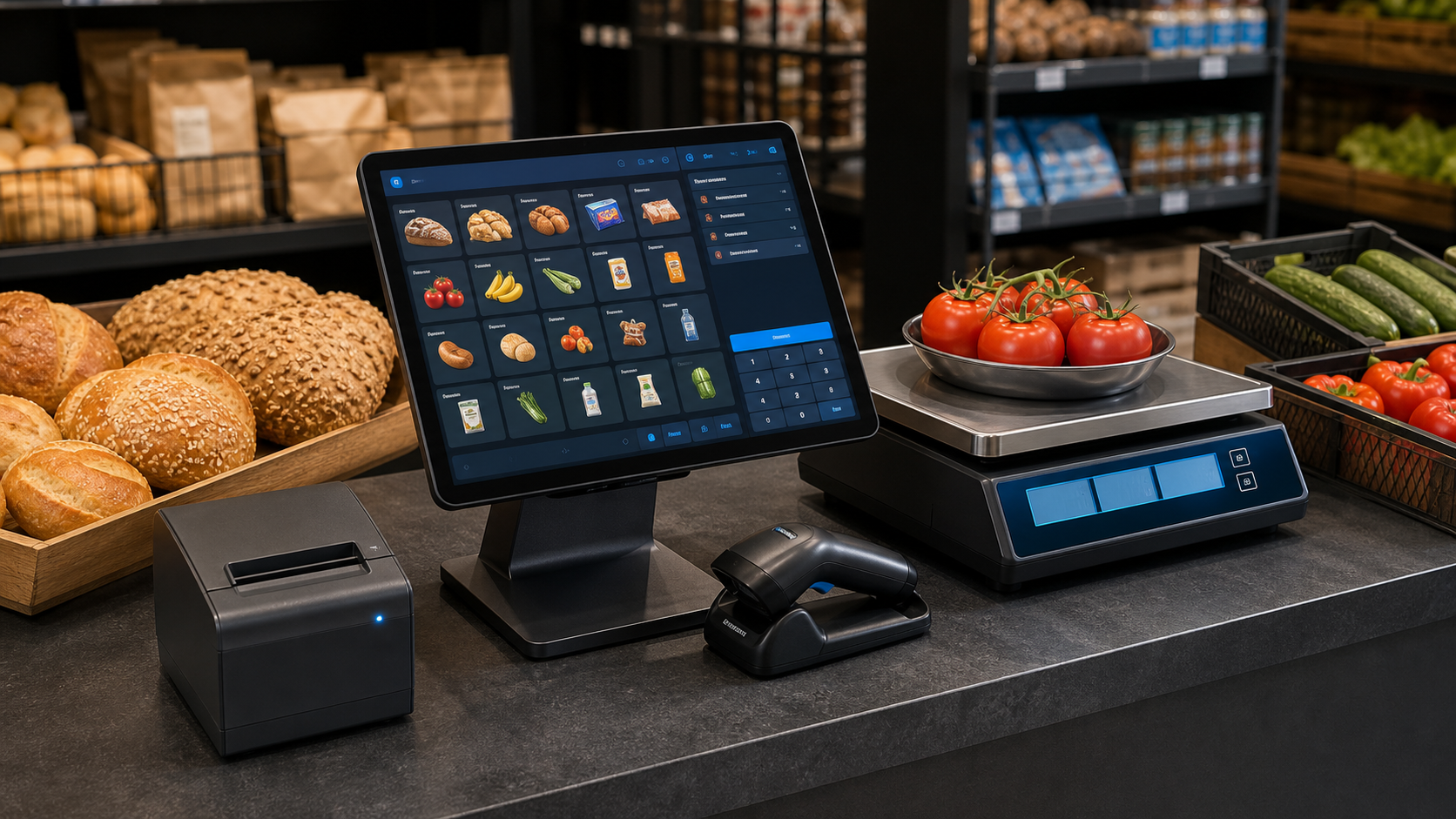 POS Kasse mit Produkttasten, Waage, Backware und frischem Gemüse