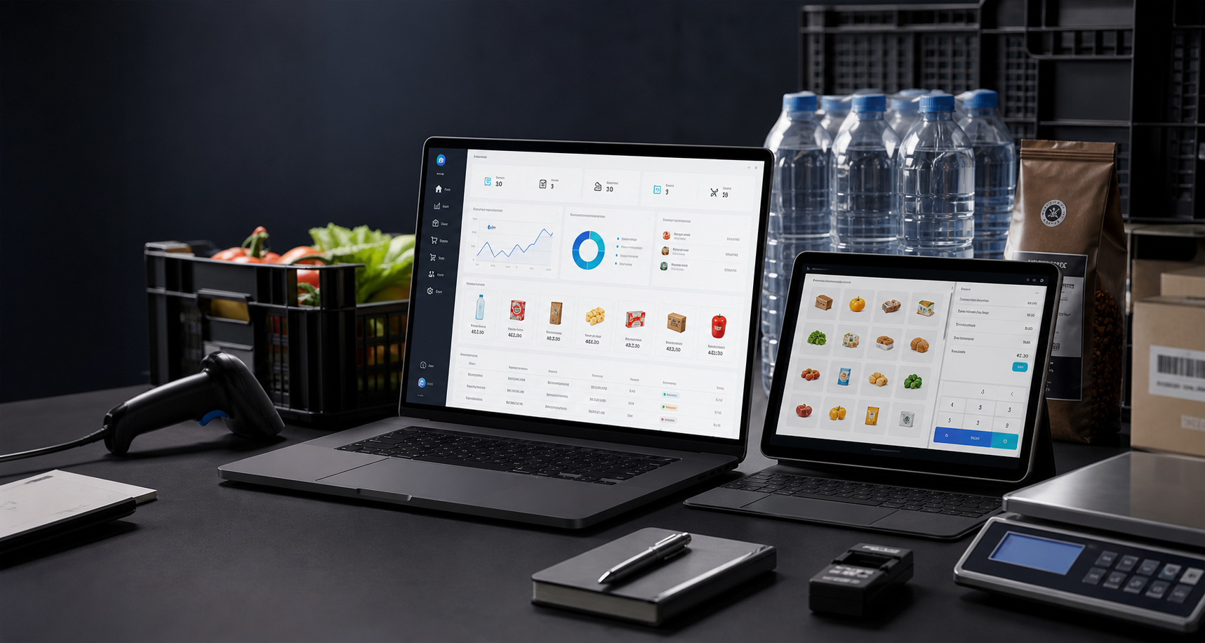 Novaro ERP Arbeitsplatz mit Laptop, Tablet, Scanner, Waage und Handelsware